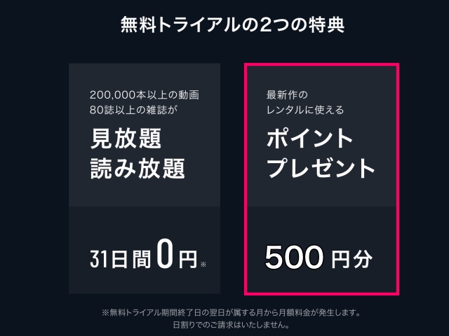 U-NEXT無料トライアルの2つの特典（雑誌読み放題・500円分のポイントプレゼント）